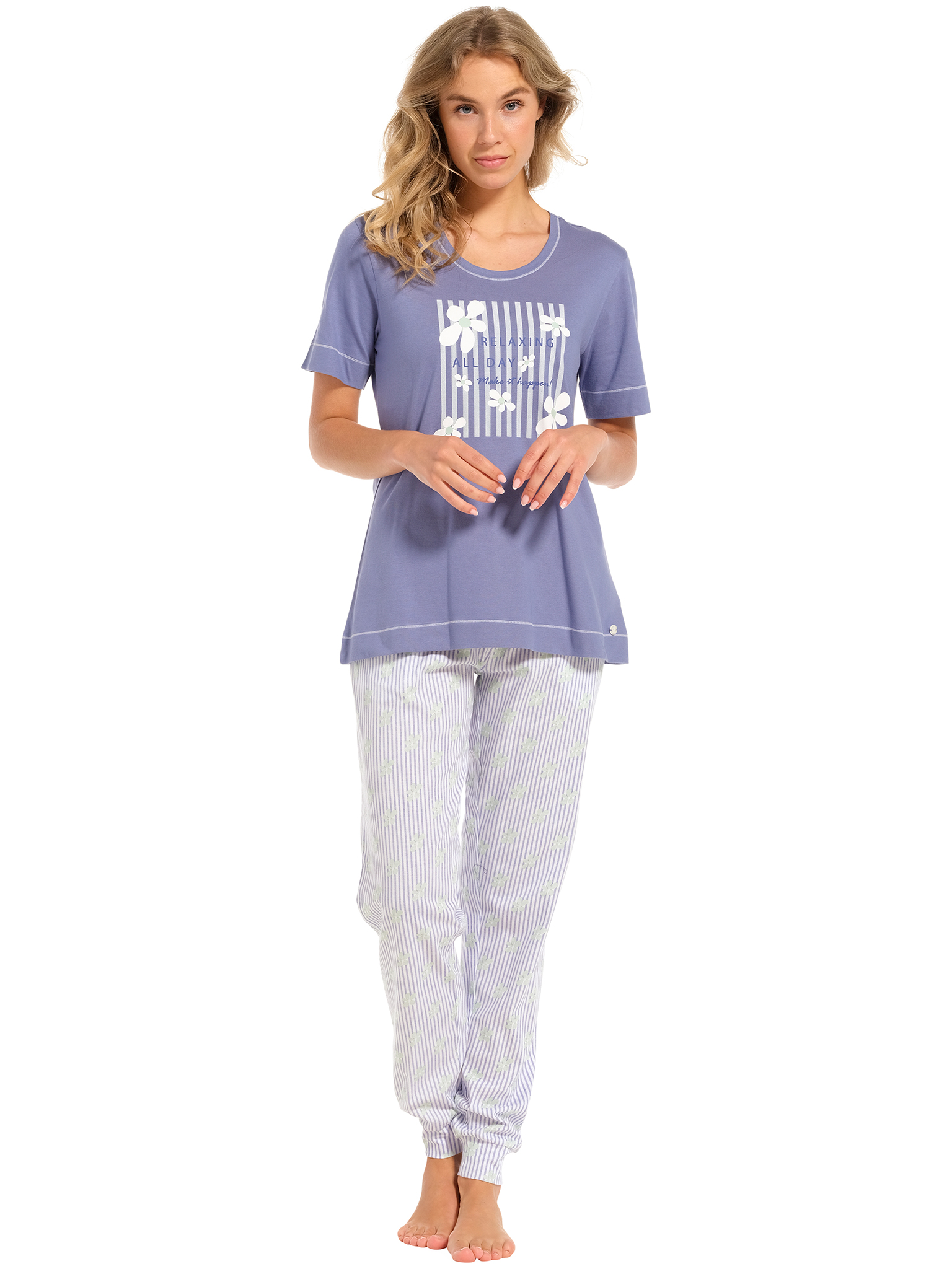 Pastunette - Flowerful - Dames Pyjamaset - Blauw - Organisch Katoen - Maat 40